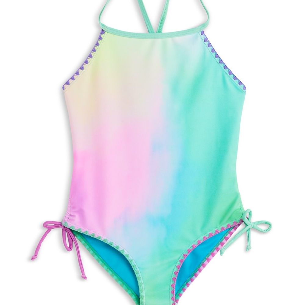 Limeapple Pink and Green One Piece Swimsuit with Pom-Pom Trim